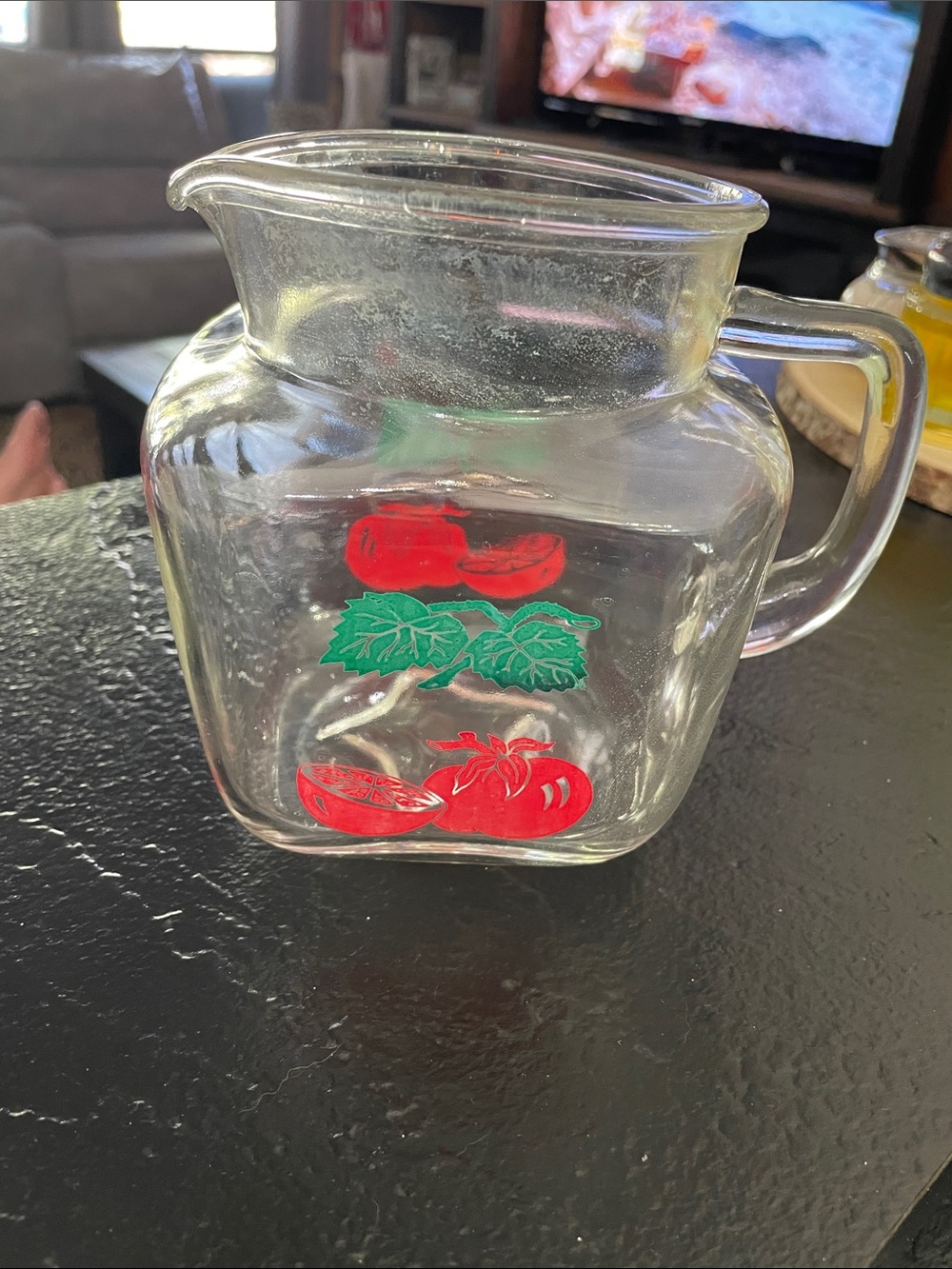 Federal Glass Clear Pitcher With Tomato and Green Leaf Design 5 1/2x5